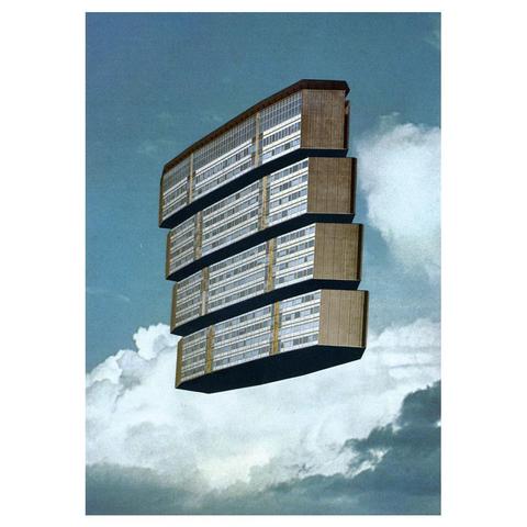 collage of a brutalist building split in four parts hovering above the clouds