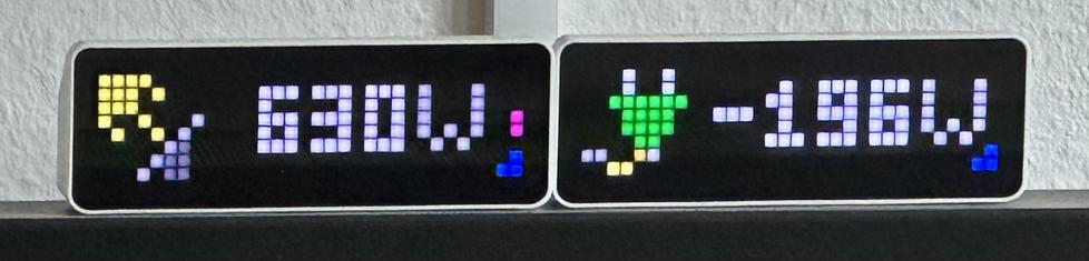 An electronic display with two panels showing power readings. The left panel indicates 630W with a colorful graphic. The right panel shows -196W, also with a colorful graphic.