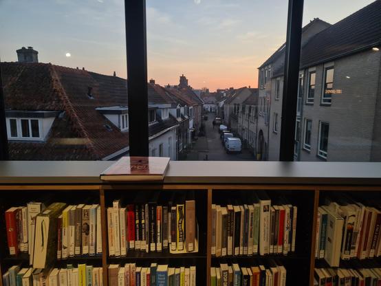 A view of a bookshelf under a window that looks out to a street. The tops of the houses on either side are visible. On the left it is mostly red slanted roofs ans on the right there is a dark grey roof. The sky is orange at the horizon and blue above it.