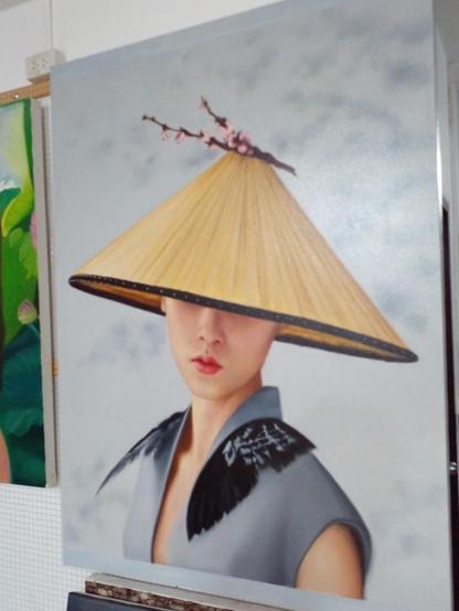 a painting of a woman, seen from her chest up, wearing a large non la hat with a cherry blossom branch on the apex of it, her eyes covered by the brim of the hat, she is facing the viewer, turned slightly to the left 