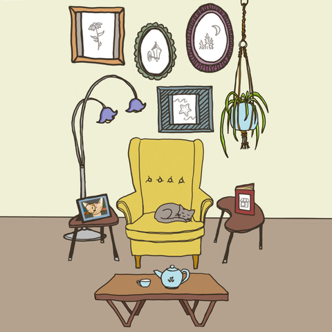 An in-game screenshot featuring an illustration of a cat sleeping on an armchair in a living room