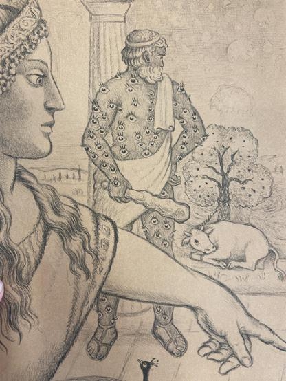 Drawing of woman pointing (Hera), giant covered in eyes (Argus) and a white cow (Io)