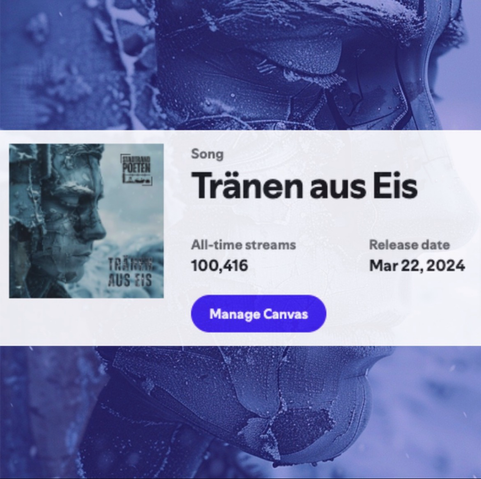 Das Cover des Songs „Tränen aus Eis“ und daneben die Statistik mit der Zahl 100.416 Streams