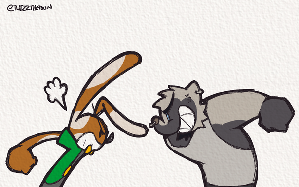 a brown rabbit with cream spots wearing a green shirt, gray overalls, and a yellow bowtie looking angrily at a badger with white fur, gray spots wearing a white tanktop and gray sweatpants