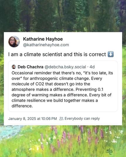 Ocassional reminder that there is no "to late, its over" for anthropogenic climate change. Every molecule of co2 that doesn't go into the atmosphere makes a difference. Preventing 0.1 degree of warming makes a difference. Every bit of climate resilience we build together makes a difference. 