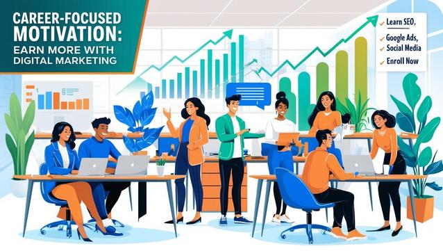 A vibrant digital illustration of a modern office space where a diverse group of young professionals is engaged in discussions and working on laptops. The background features upward-trending graphs, symbolizing career growth and success. A bold banner reads "Career-Focused Motivation: Earn More with Digital Marketing", with a checklist highlighting SEO, Google Ads, Social Media, and Enrollment opportunities. The image conveys a motivating and energetic atmosphere, promoting digital marketing education for career advancement.