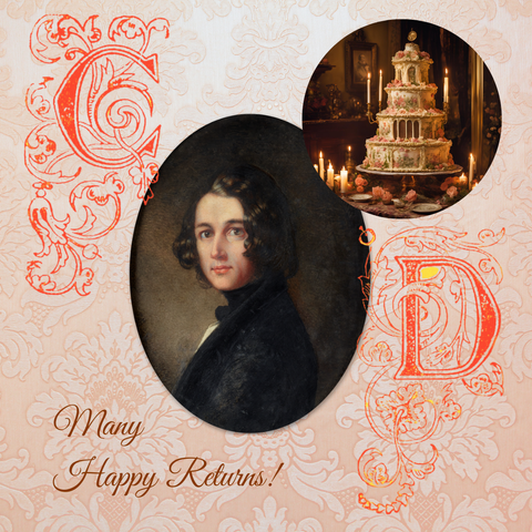 POrtrait of DIckens by Margaret GIllies, with a created image of a Victorian birthday cake ; ornamental capital initials C & D from 19th century originals in deep orange