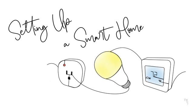 Setting Up a Smart Home / A continuous line drawing of three smart home devices: a wireless power socket controller, a smart lightbulb, and a wireless weather station controller showing the temperature, humidity, and current weather - Illustration by Michael Blank