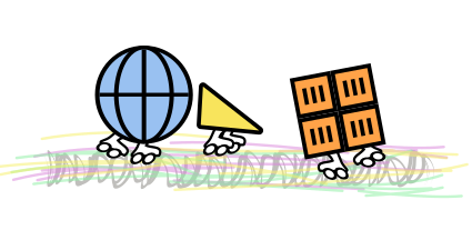 Three figures rollerblading across an abstract mix of gray waves and colorful lines. One of the figures looks like a globe, one like a yellow triangle, and the third one as a stack of boxes.