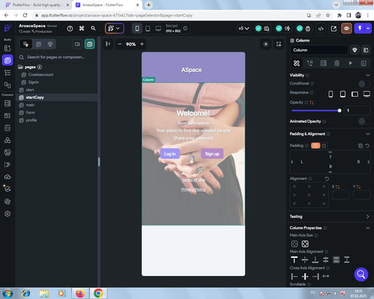 Flutterflow Built page with purple app bar. There is a name ASpace on the app bar. There is a background image in page body. Image is a photo contains intertwined hands. The words from the top to bottom of the page 'Welcome! Your safe space. Your place to find like-minded people. Share your interests. Two buttons 'Log In' and 'Sign up'. Then words 'Terms of Use' and 'Privacy Policy'.