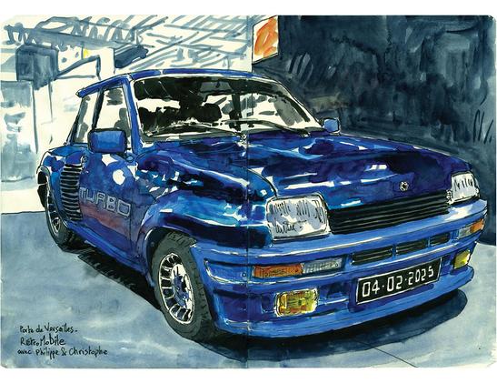 Blue Renault 5 Turbo sketch at Retromobile
