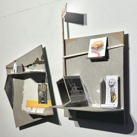 Nothing seems in place and all is slightly unskilled. We can see a photograph sticked, with a sculpture of Diane leaning on a deer, on a crooked box on a shelf.