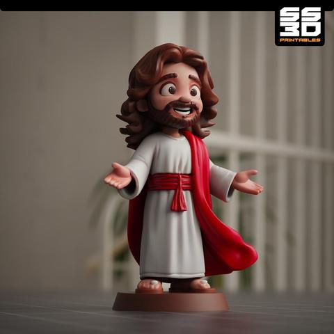 A 3D-rendered digital sculpt of a Cartoon Jesus designed for 3D printing. The character has a friendly, stylized look with a gentle smile, open arms, and flowing robes. The model is highly detailed, optimized for STL format, and set against a blue sky background. Perfect for CNC carving, 3D printing, or religious decor.