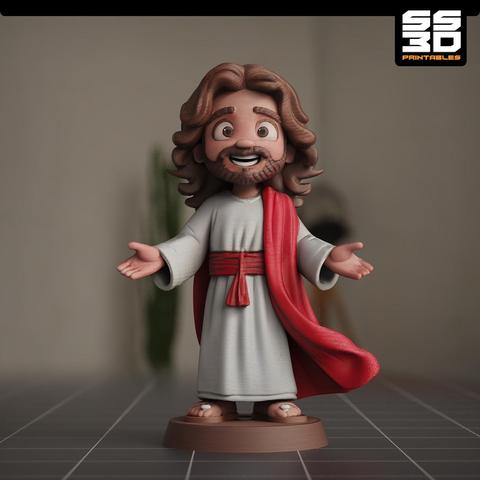 A 3D-rendered digital sculpt of a Cartoon Jesus designed for 3D printing. The character has a friendly, stylized look with a gentle smile, open arms, and flowing robes. The model is highly detailed, optimized for STL format, and set against a blue sky background. Perfect for CNC carving, 3D printing, or religious decor.