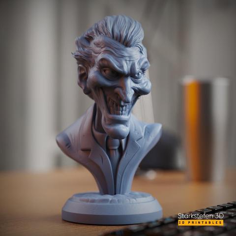 A highly detailed 3D-rendered digital sculpt of a Joker bust, designed for 3D printing in STL format. The bust captures the essence of the iconic villain with exaggerated facial features, including a wide, sinister grin, deep wrinkles, and expressive, piercing eyes. His wild, slicked-back hair adds to his chaotic persona, sculpted with intricate strands and layered volume for a lifelike effect. The character’s face is carefully textured with fine details, such as laughter lines, creases on his forehead, and subtle imperfections, enhancing realism.