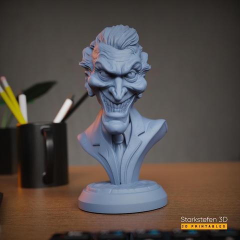 A highly detailed 3D-rendered digital sculpt of a Joker bust, designed for 3D printing in STL format. The bust captures the essence of the iconic villain with exaggerated facial features, including a wide, sinister grin, deep wrinkles, and expressive, piercing eyes. His wild, slicked-back hair adds to his chaotic persona, sculpted with intricate strands and layered volume for a lifelike effect. The character’s face is carefully textured with fine details, such as laughter lines, creases on his forehead, and subtle imperfections, enhancing realism.