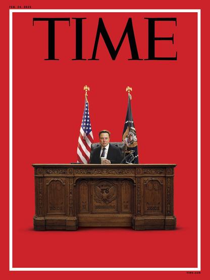 Musk on cover of Time magazine sitting behind the President's resolute desk.