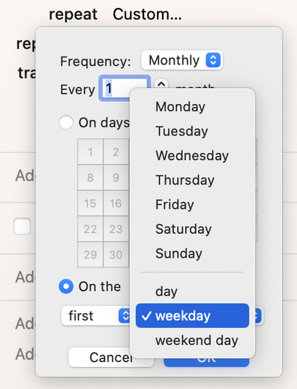 Settings for Custom repeat settings for events in Fantastical. The selected screen shows options for custom monthly repetitions every x months. Users can select either specific days in a grid from 1 to 31; or they can choose the first, second, etc. day, weekday, or weekend day of the month, or any particular weekday, such as Wednesday. This way, you can configure an event to repeat on the second Tuesday of every third month, or on calendar 10 and 30 of every sixth month, etc.