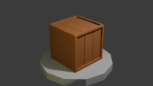 A 3d Model of a simple wooden crate on a small stone pedestal.