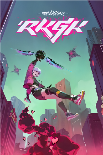Game poster for RKGK.
The letters RKGK appear in the top third of the picture, white with pink outlines. And the word 'Rakugaki' is stylized over the top of that in a white font. 

The picture shows a girl wearing shorts and a pink long sleeve jacket holding a flying orb with wings. It keeps her elevated as she holds on with her right hand. Her left hand behind her holds a spray can which is releasing a cloud of black and pink paint down below her. Her hair is a white short style. She is happy.

A indistinct city-scape is behind her and to the sides. The sky is a greenish blue.