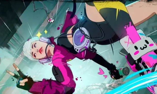 Picture showing the main character posing mid-flight. Her body is twisted in the air, and she has almost has 'duck face' lips. Her right hand (to the left of the viewer) is raised in a peace sign

Her left hand holds her spray can behind/below her. She is wearing a pink and black jacket, a black crop-top and her sneaker is filling the majority of the right-side of the picture. Showing a cute animal face on the strap going horizontally over white and pink sneakers. 

An old CD walkman is clipped to her right hip.