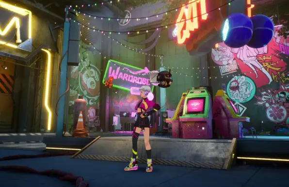 A screenshot from in the game RKGK. 
It shows the main character posing in front of a stage filled with things like a traffic cone (orange), an upright arcade game machine, neon lit words, neon tubes and graffiti on the walls. 

The word 'WARDROBE' is in pink neon tubes behind her. 

She is posing with her weight on one leg. Wearing a red jacket, a black leg sleeve and pink, blue and black shoes. She is showing off her outfit for the player. 
