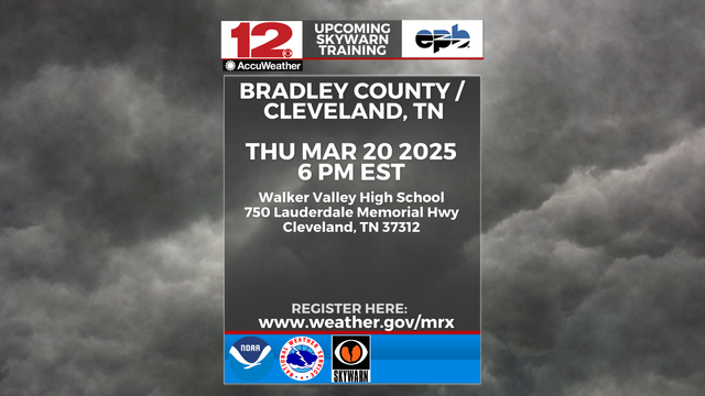 Next #Skywarn volunteer #stormspotter training session taught by @NWSMorristown will be in Bradley County TN in the @WDEFNews12 viewing area on Thursday, March 20 at 6 PM EST at Walker Valley HS. 

Details & registration here: https://www.weather.gov/mrx/skywarn_classes
