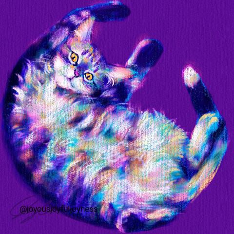 Painting of a cat showing it's belly in vibrant colors. The cat has a silly face. The artist's signature and watermark are on the bottom left.
