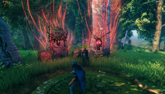 Valheim screen capture, boss sacrifice stones, second boss head has been hung.  Fleeeker the Viking proudly posing.