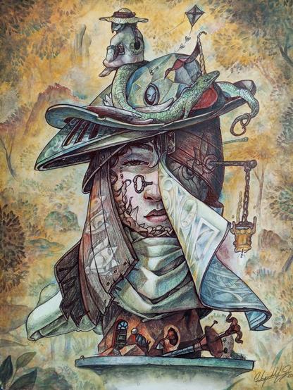 Un busto de una figura femenina con una elaborada armadura y un sombrero adornado. El sombrero está decorado con una serpiente verde, un pequeño personaje con sombrero de paja sentado encima, y una cometa en el aire. La figura tiene un velo o manto que cubre parte de su rostro, mostrando una expresión tranquila. El busto está colocado sobre un pedestal ornamentado con pequeños detalles. El fondo es un paisaje brumoso con tonos tierra y verdes, sugiriendo un entorno natural. La obra tiene un estilo de fantasía con elementos surrealistas.