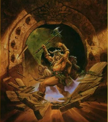 Cover art by Jeff Easley for the Advanced Dungeons & Dragons 2nd Edition Player's Handbook (1995). Nicknamed "The Charge", it depicts a warrior with a battle axe smashing down a wooden door with his two party members close behind.