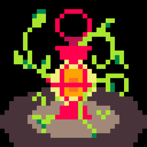 Static pixel art of a red hurricane lantern with a spherical glass globe containing a flame.  The area around it is pitch black. The lantern has been placed on the ground and within its area of light, plant tendrils rise from the dirt.