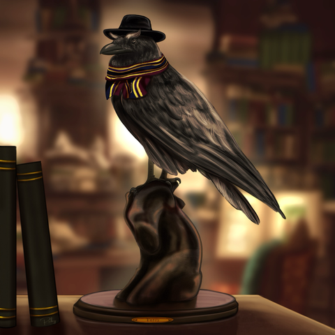 A digital drawing of a “Terry the Raven”, a taxidermy raven, He’s propped up on a branch on a table inside a bookshop, next to some books. The bird shares some familiar features with author Terry Pratchett, like his bushy eyebrows, and wears his signature striped scarf and fedora hat.