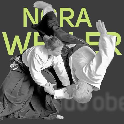 Seminar poster showing a female aikidoka throwing a male attacker into a high fall