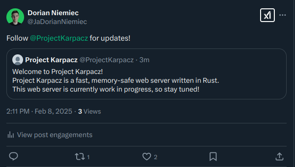 Dorian Niemiec's post encouraging others to follow "Project Karpacz" account on X (Twitter).