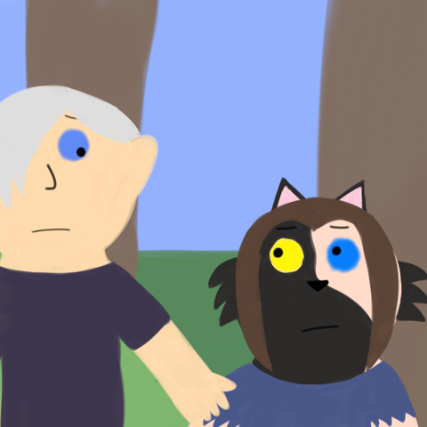 Drawing of Liam looking apologetic at Cinder and offers her hand while Cinder looks scared at Liam