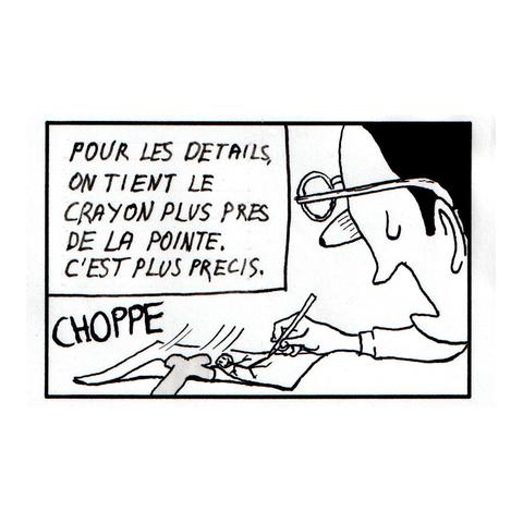 "Pour les détails, on tient le crayon plus près de la pointe. C'est plus précis." La patte du chat attrape la feuille. Onomatopée : "choppe".