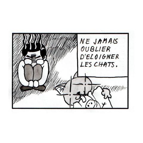 "Ne jamais oublier d'éloigner les chats" dit l'homme en boudant dans son coin. Alors que le chat, les yeux pétillants, est en train de s'amuser avec la feuille de papier qu'il vient d'attraper...
