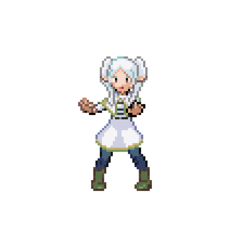 pixel art of the character Frieren as a Pokémon trainer