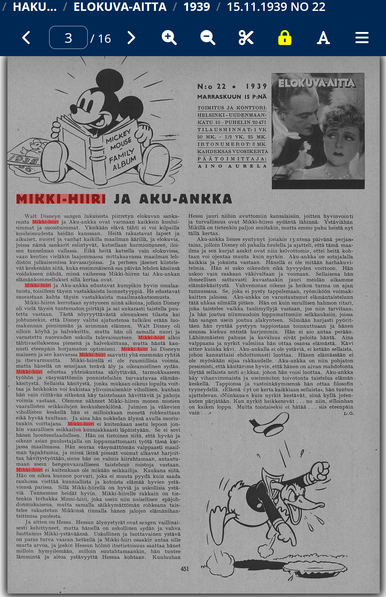 Essee Elokuva-aitassa 15.11.1939 koskien Mikki-hiiren (sic) ja Aku-ankan (sic) luonnetta.
