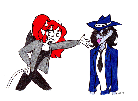 Velvet Ophelia grinning as she gestures to Maury Frankenstein who is just smiling and has his tongue out for no reason.