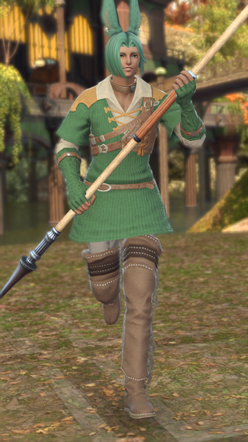 A male Viera newbie adventurer in a green tunic, fingerless gloves, grey pants and over knee jackboots. He is carrying a lance and running towards his next battle, a big grin on his face.