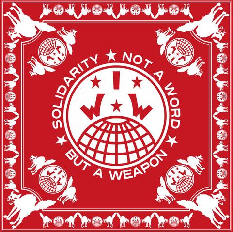 Text 
in a circle around letters I>W>W> on a world globe 

Solidarity is not a word 
But a weapon.

Four square Edges of design are more iww union globes and agitated black “sabotage” cats 