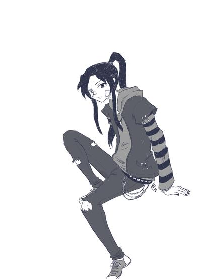 Wu Ming without smiling mask wearing modern emo clothes. Long sleeves with stripes, sleeveless jacket with hood, tear-up skinny jeans, chains hanging from side and black nails. Signature ponytails and some bandages on face. Black and white
