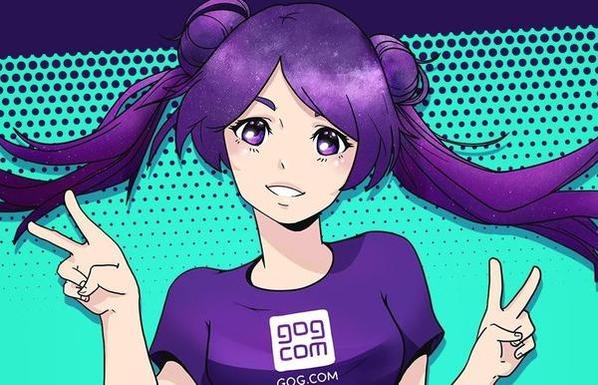 Picture of 'GOG-chan' who is the unofficial mascot of the GOG website.
Shows a Japanese manga-style girl with purple hair, purple tshirt, and purple eyes. She is holding both arms up in peace signs to either side.
Picture shows her from her chest-up.
Her tshirt has a white GOG COM logo.
The background is turquoise on dark purple.

She is smiling.