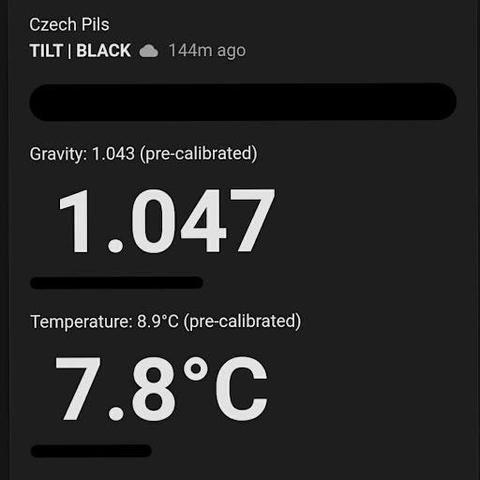 Screenshot of the Tilt hydrometer app showing a current gravity of 1.047 and temperature of 7.8 degrees Celsius.
