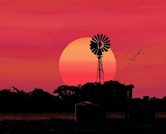 Windmill at Sunset by Joan Stratton - https://paintingsbyjoan.com/

A vibrant sunset casts a warm glow over a rural landscape, with a windmill silhouetted against the large, setting sun. Birds can be seen flying above the horizon, adding a serene touch to the evening scene.

Ether Art – A hand-drawn drawing / painting using the exciting modern art form, where art is created from scratch using a computer in lieu of a real canvas and paint, water colour, pastel, pencil, charcoal etc I create digital art from the ether, exactly the same as if I was starting with a blank canvas.
