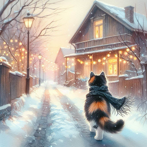 冬の夕暮れ時、古い住宅街で北風に立ち向かいながら歩む三毛猫の子猫。黒いマフラーをなびかせ、温かな家を目指す。