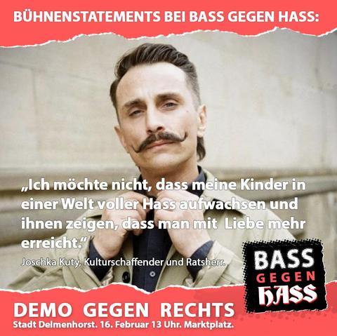 🎤🔥 #Delmenhorst, seid ihr bereit? Am 16. Februar übernimmt Joschka Kuty das Mikro bei BASS GEGEN HASS! Musik, Reden & geballte Haltung gegen Rechts – kommt vorbei, sonst moderiert er nächstes Mal in Reimform! 😉💥 Folgt Joschka (er ist noch bei Insta) für noch mehr Content .

#BassGegenHass #NoNazis #fckafd #Bremen #Oldenburg #fckafd #freeadenauersrp #bleibtstabil #riseup 