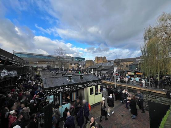 Ambiance animée de Camden Market : Une foule vibrant autour des stands de street food et des magasins au bord du canal, avec un grand arbre central et des bâtiments modernes en arrière-plan. A lively crowd around street food stalls and shops by the canal, with a central tree and modern buildings in the background.